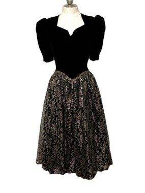 Scott McClinlock Vintage 80’s Sample Black Velvet Gold Lace Formal Party Dress